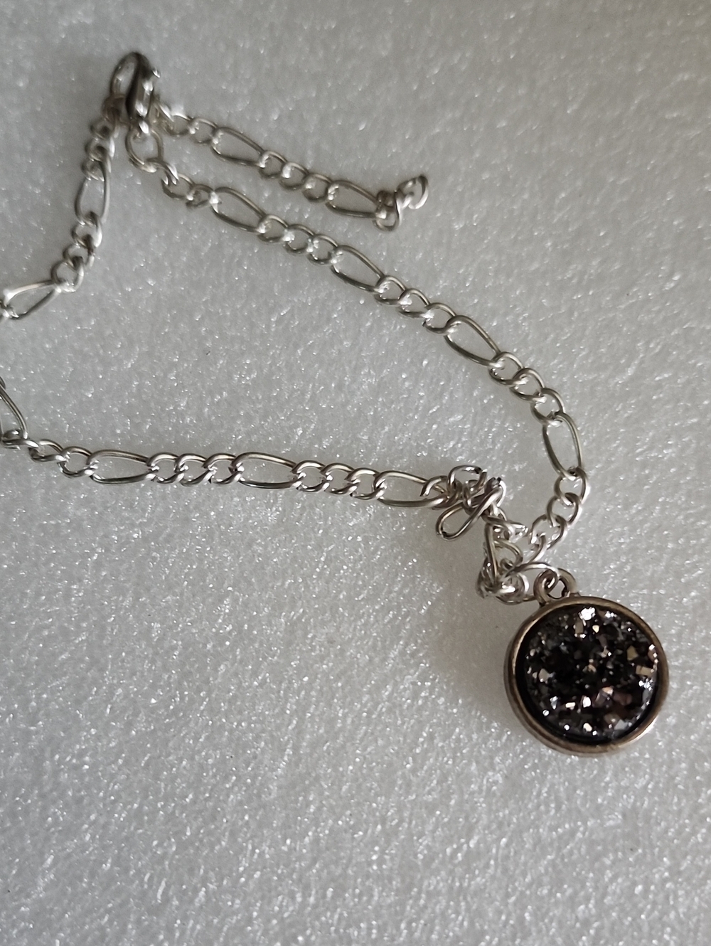 Hand Crafted Silver-Tone Chain Bracelet / Anklet with Black Druzy Charm
